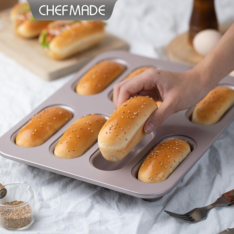 Home Cooking Recipes - แม่พิมพ์ขนมปังรูปวงรี CHEFMADE 8 ถ้วย สำหรับทำฮอทดอก ถาดอบแบบไม่ติดกระทะ